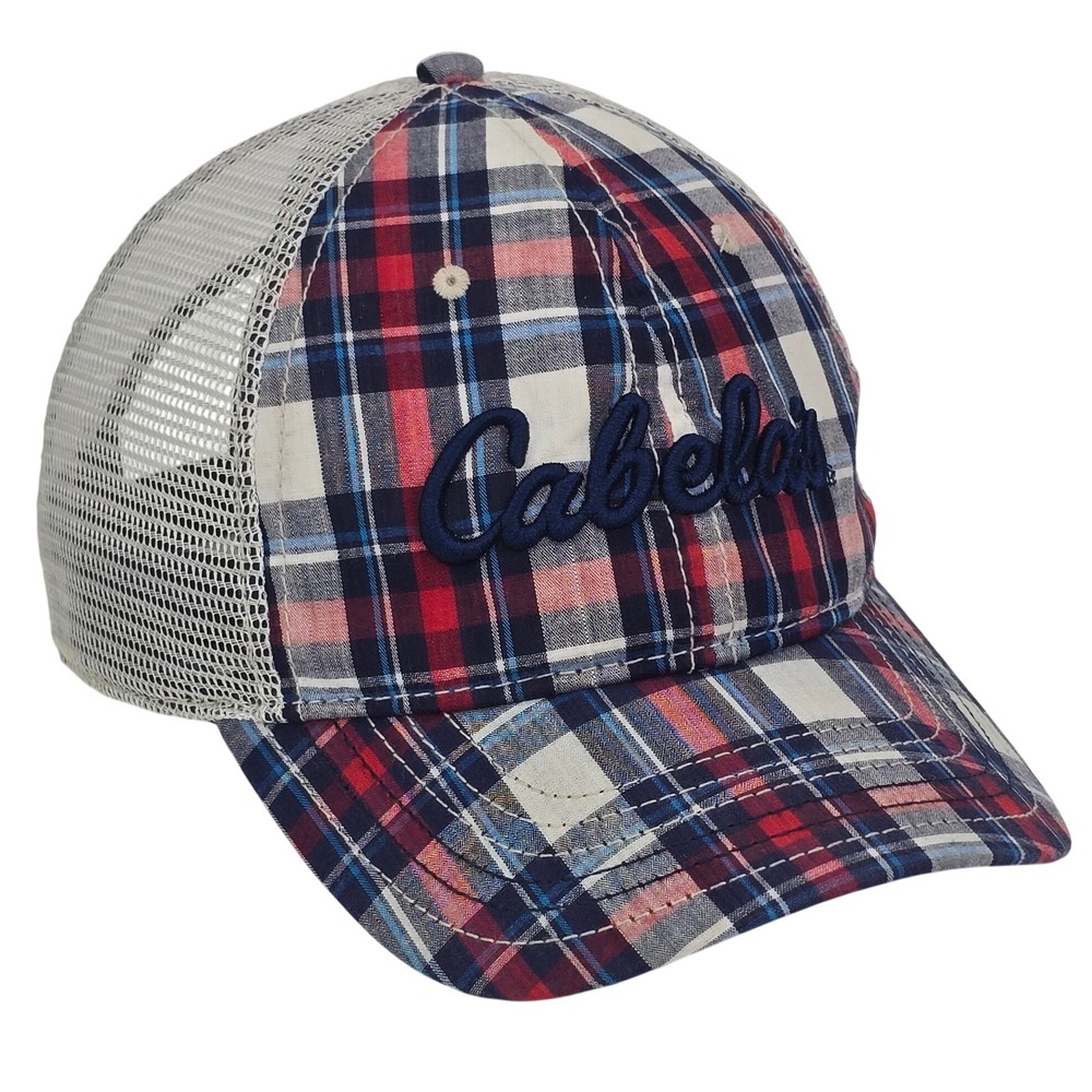 Cabela's Plaid Trucker Hat OSFM Red White Blue Mesh Snapback Fishing Hunting Cap